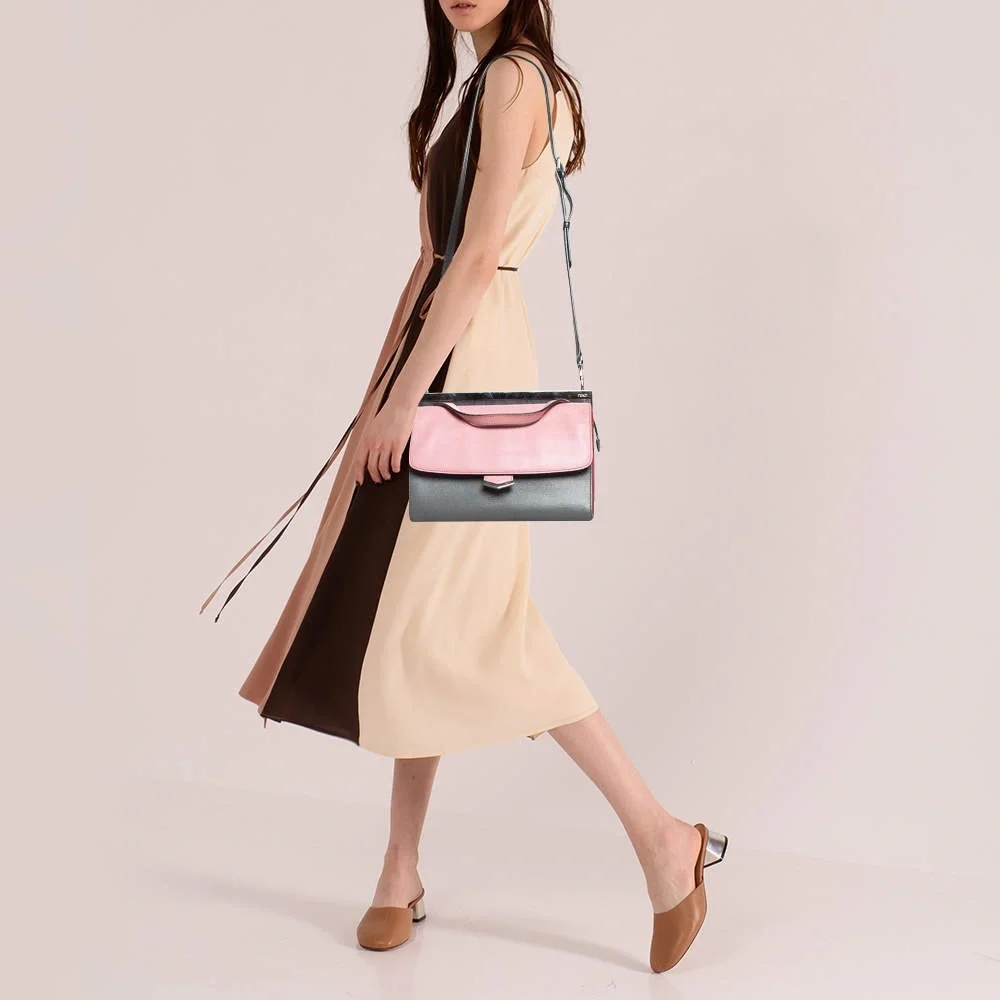 FENDI✨Demi Jour Top Handle Bag✨Pink Grey Red Leather✨Saffiano Satchel Crossbody - Picture 3 of 13